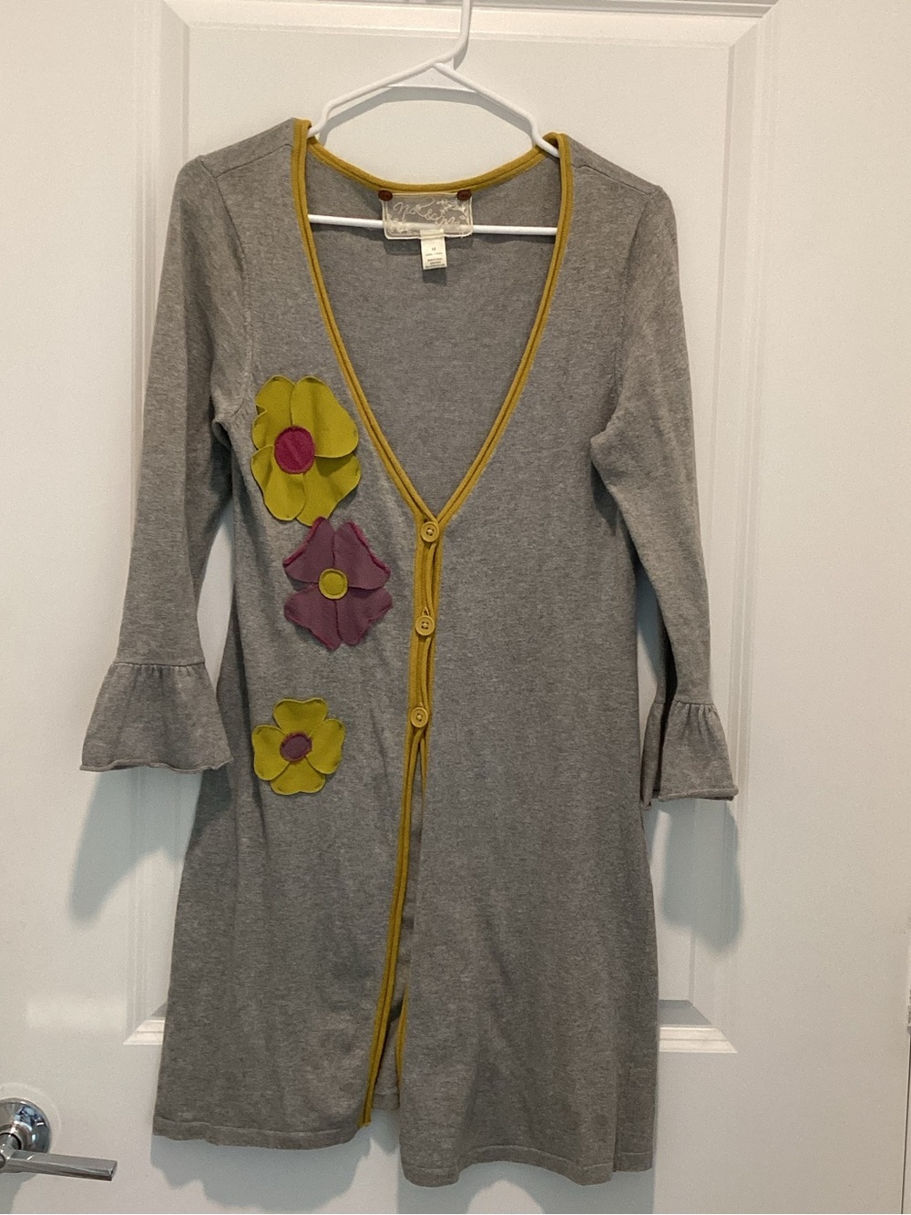 Nick & Mo Gray Cotton Duster Cardigan w/ Appliqued Flowers sz M
